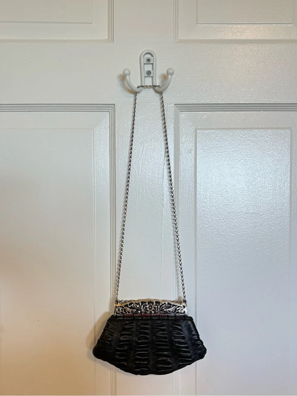 Glen Miller 90’s Leather and Metal Evening Clutch with Ornate Silver Frame